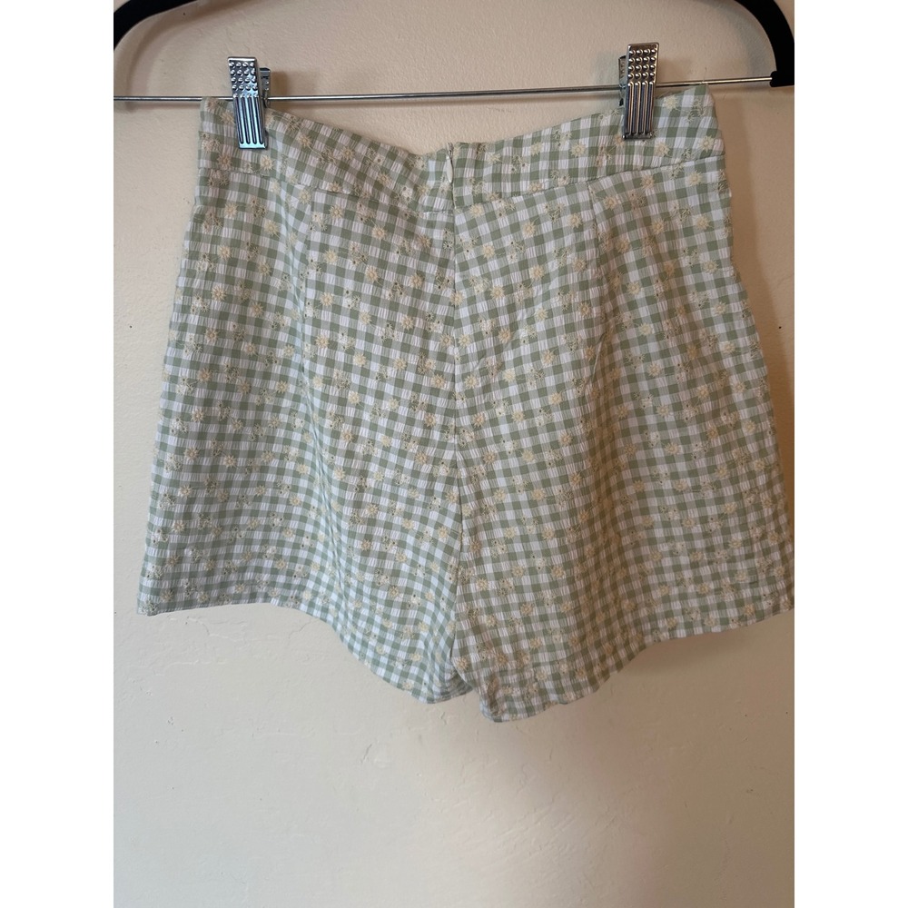 Sage The Label Gingham Daisy Embroidered Shorts Green White Floral XS High Waist - Picture 4 of 8